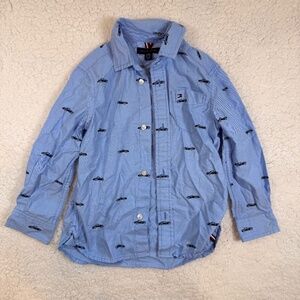 Tommy Hilfiger Boys XS 4-5 Blue Embroidered Car Button Down Shirt